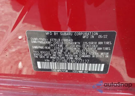 2022 Subaru Crosstrek Limited z USA, uszkodzony, nr VIN JF2GTHNC1NH277127